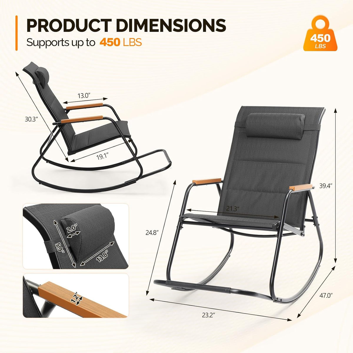VINGLI Outdoor Rocking Chair, Textilene Mesh Patio Rocker, Outdoor Rocker with Footrest, Pillow, All Weather Porch Rocker for Garden, Living Room, Patio, Lawn (Black, with footrest)
