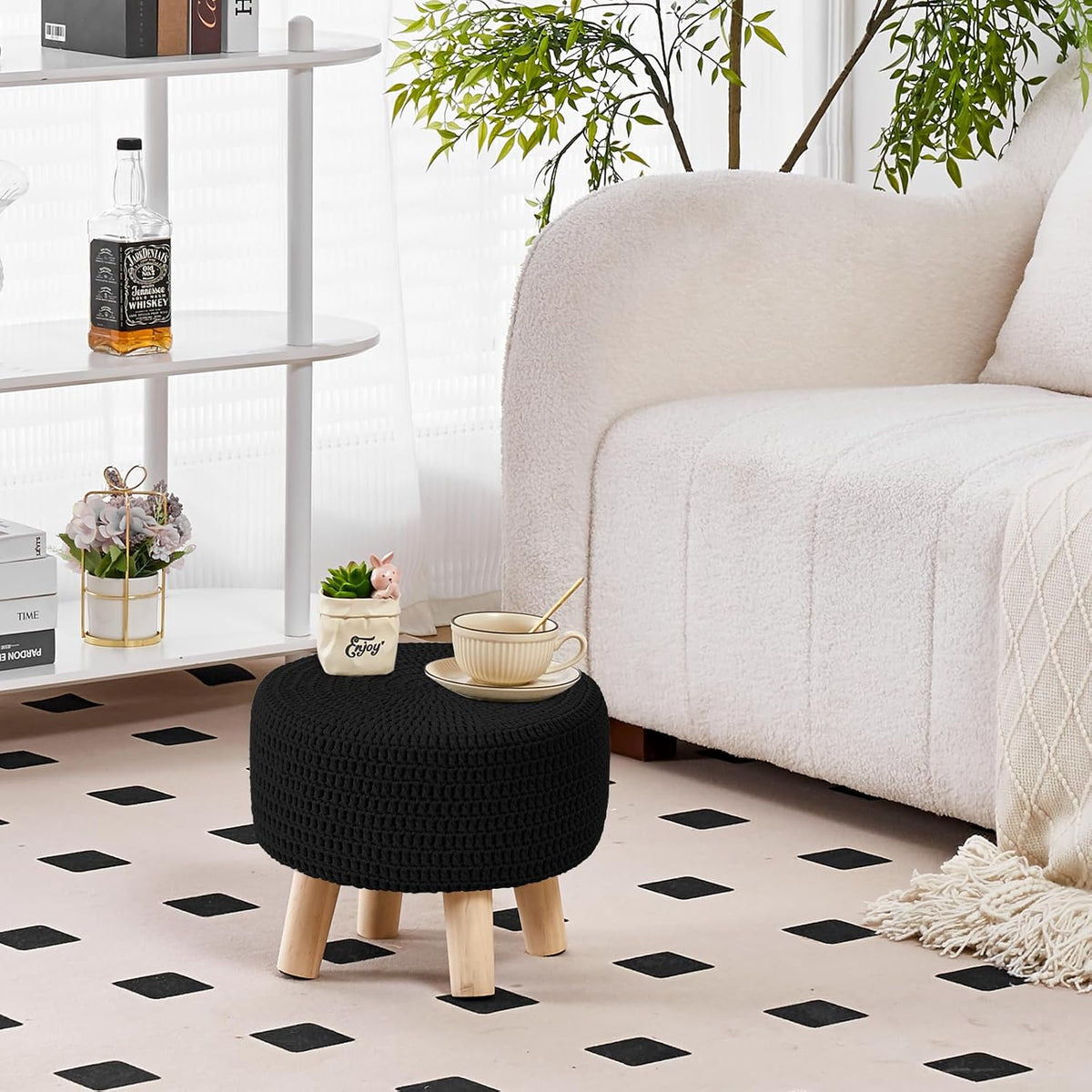 Wimarsbon Small Ottomans, 100% Hand Knitted Pouf Ottoman, Round Footrest with 4 Non-Skid Wood Legs, Boho Décor Cotton Rope Pouffe, Leisure Floor Step Chair for Living Room (Black)