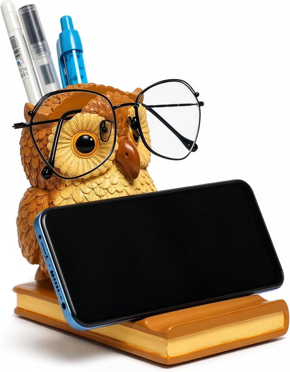 Owly Mate Owl Eyeglass Holder for Nightstand and Desk, Cute Glasses Holder with Phone Stand and Pen Holder, 3-in-1 Desk Organizer for Glasses, Phone & Pens - Gift for Owl Lovers