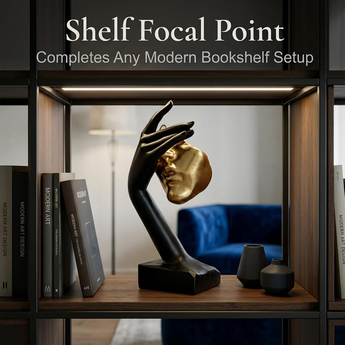 See No Evil Gold Resin Bust Sculpture, Abstract Shelf Decor