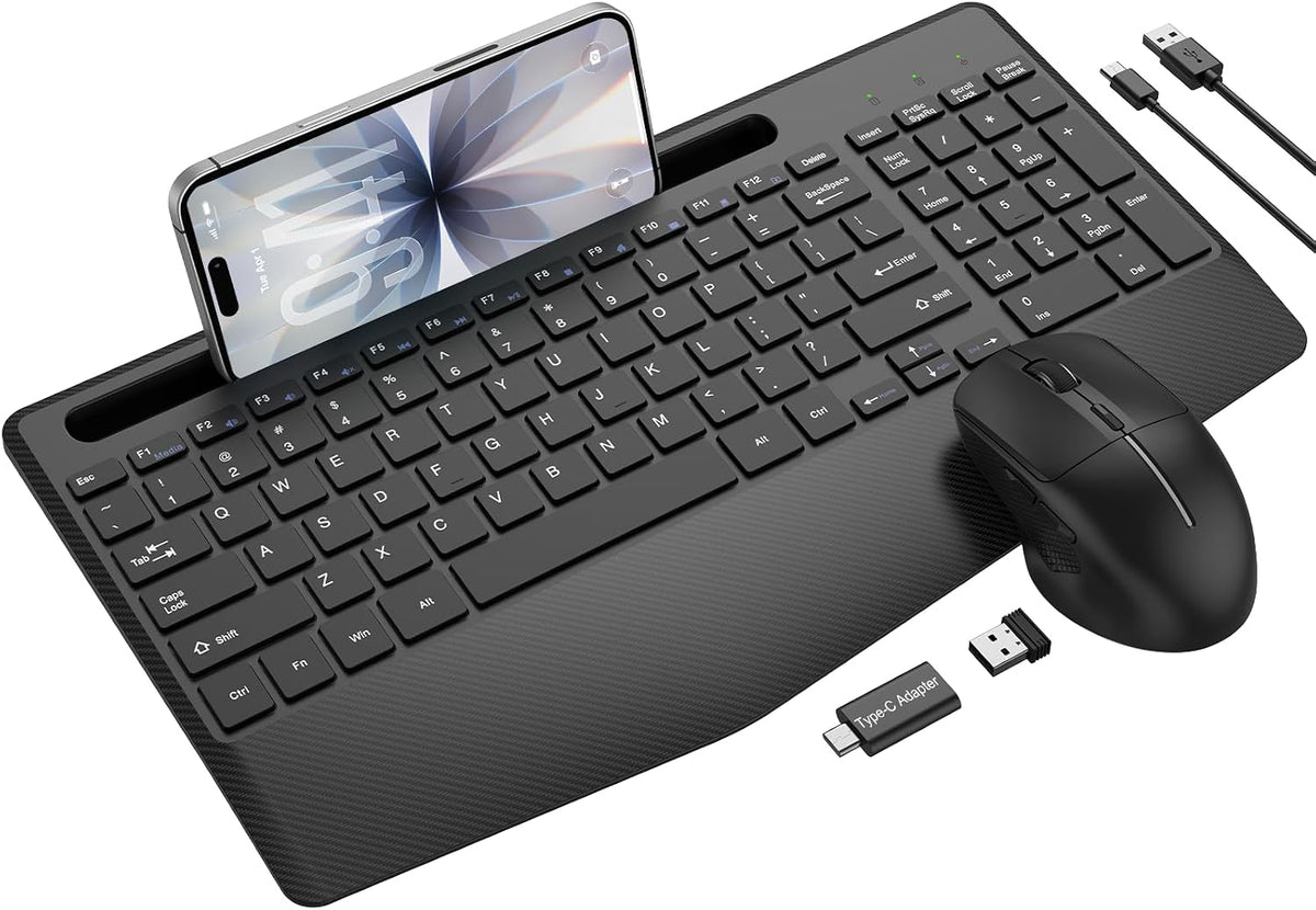 Rechargeable Silent Wireless Keyboard and Mouse Combo, Ergonomic Wrist Rest & Phone Tablet Holder, USB-C Adapter Included, 2.4G Lag-Free Cordless Set for Windows Mac Laptop PC Home Office (Black)