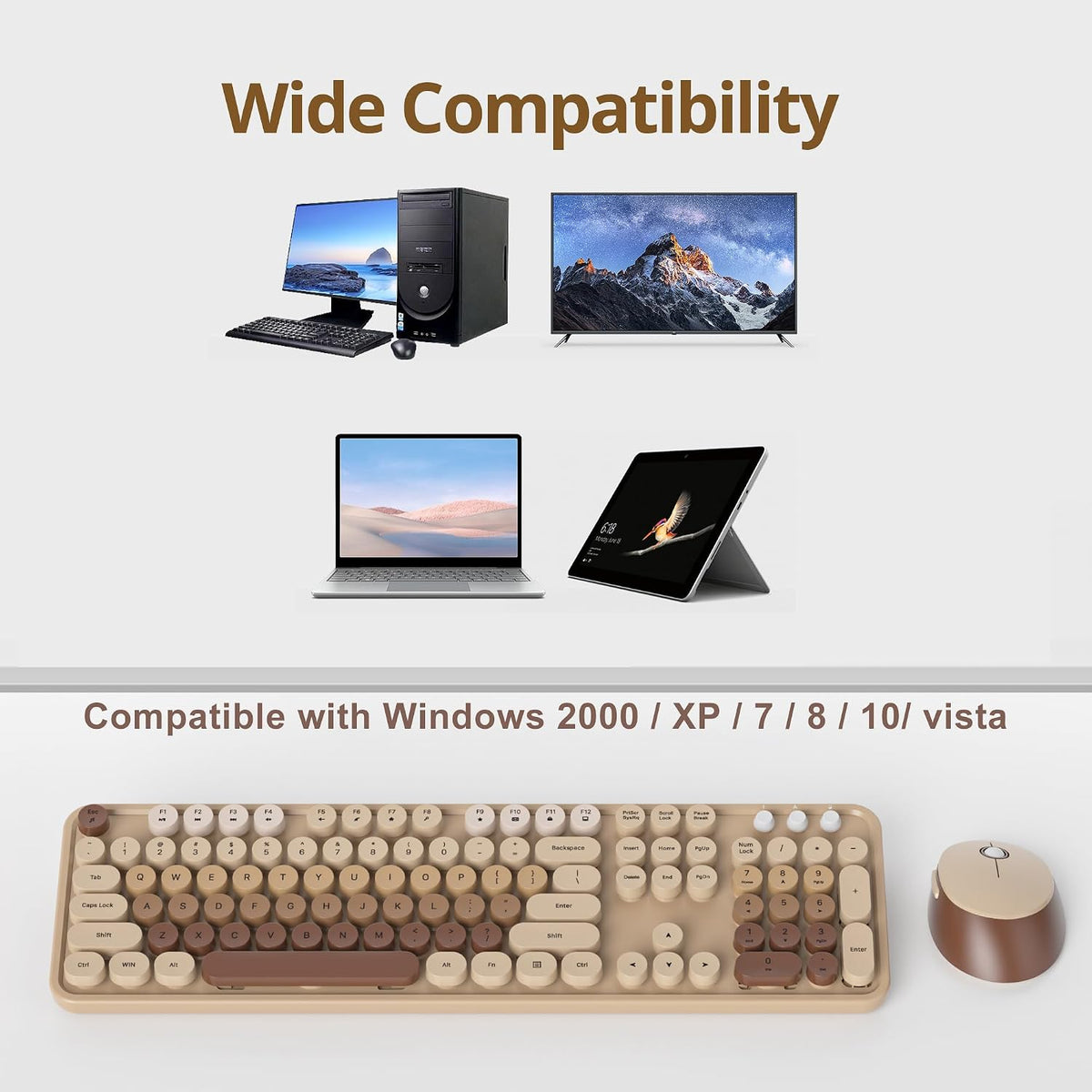 Brown Wireless Keyboard and Mouse, Cute Keyboard and Mouse Combo, Full Size Typewriter Keyboards with Number Pad, Colorful Key Board for Pc Laptop