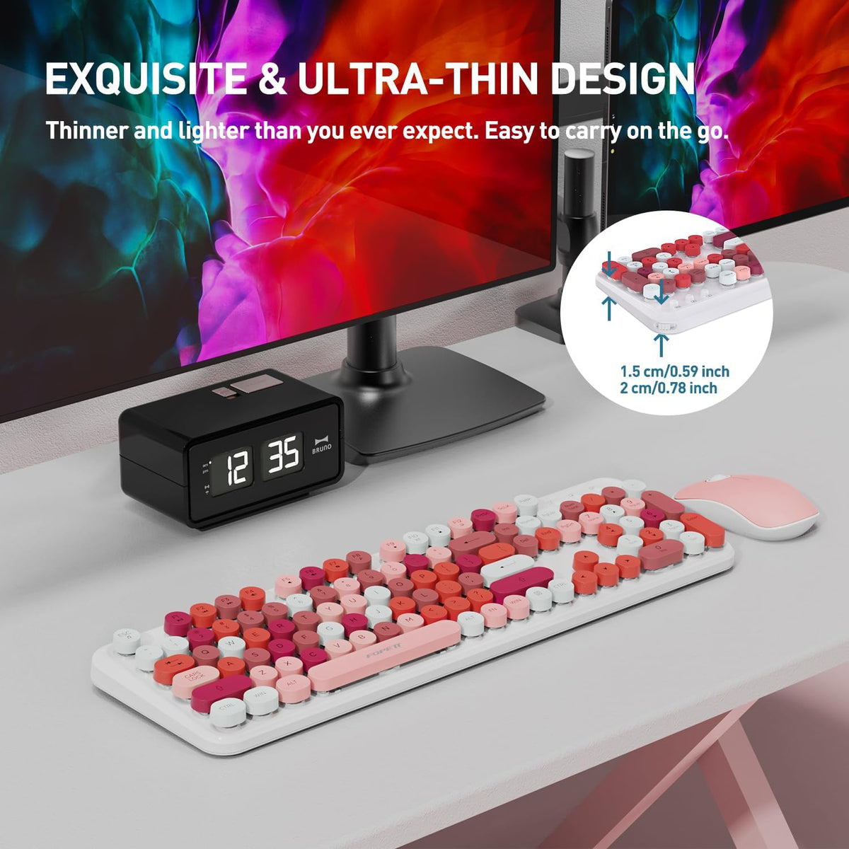 Cute Wireless Keyboard Mouse Combo,Colorful Round Keys,for Long Nails,Pink