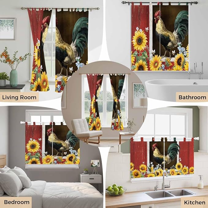 Chicken Sunflowers Kitchen Curtains 24 Inch Length, Small Window Curtains Tab