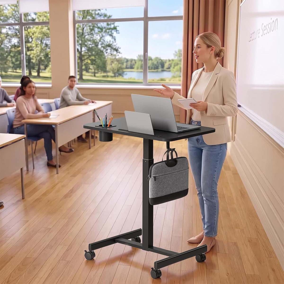 28 inch Mobile Laptop Desk, Portable Sit Stand Cart with Wheels