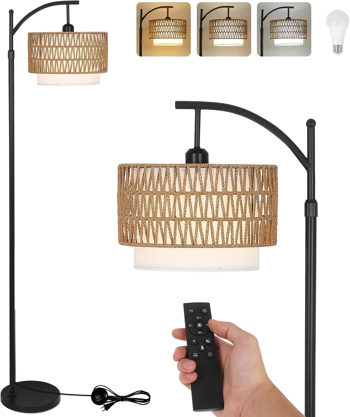 Arc Floor Lamp for Living Room with 3 Color Temperatures, Farmhouse Floor Lamps with Remote & Dimmable Bulb, Boho Standing Lamp with Rattan & Fabric Shades, Adjustable Tall Lamp for Bedroom, Office