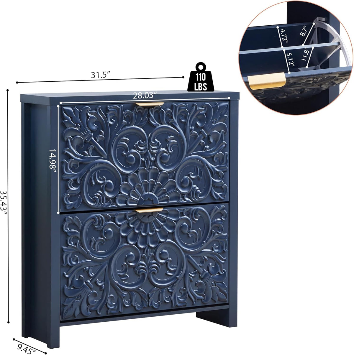 Shoe Cabinet with Flip Drawers, Narrow Shoe Storage Cabinet, 2-Tier Hidden Shoe Organizer with Floral Embossed for Entryway, Mid-Century Modern Slim Shoes Storage for Hallway Foyer (1, Midnight Blue)