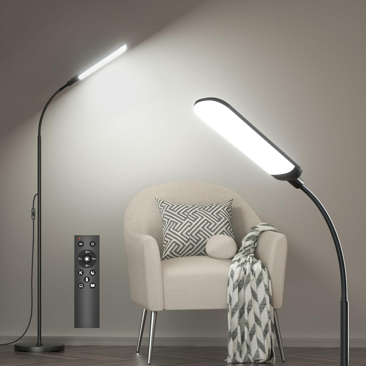 Floor Lamp, 18W 1800LM Super Bright LED Floor Lamps for Living Room with Remote, Stepless Dimming Color Temperature & Brightness, Modern Adjustable Neck Standing Lamp Ideal for Bedroom, Office, Study