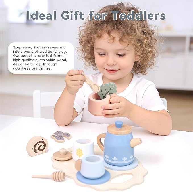 Wooden Tea Set for Little Girls, Play Food Sets for Kids Pretend Play Kitchen