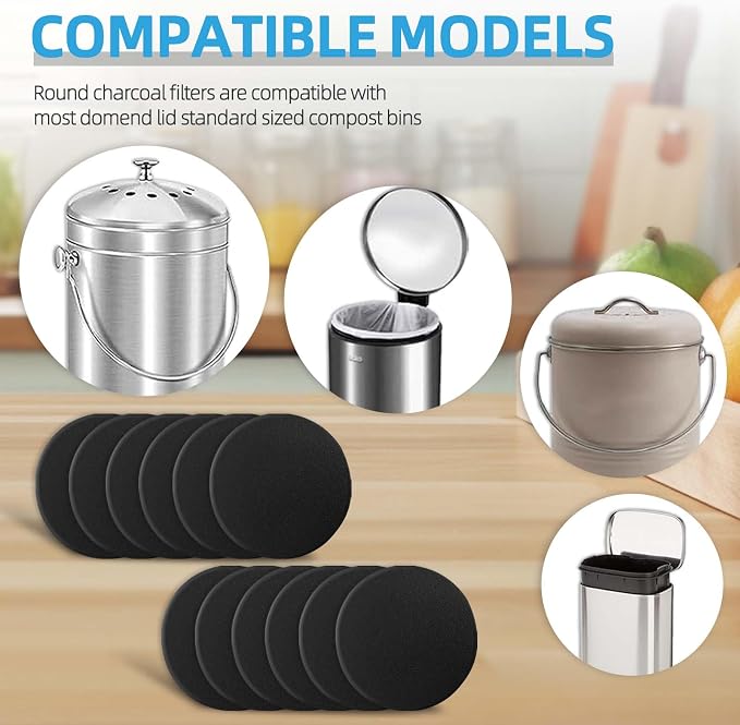 12 Pack Compost Filters for Countertop Bin, 6.7 Inch Charcoal Filters for