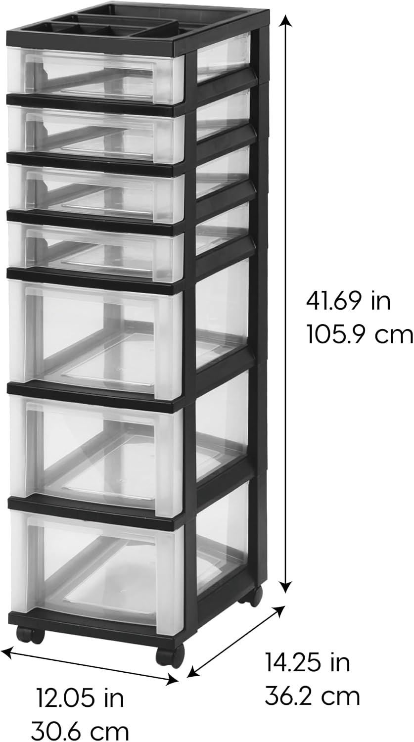 IRIS USA Plastic Drawer Storage Organizer Rolling Cart, with Wheels Casters, 7-Drawers, for Classroom Art Craft Supplies Dresser Closet Bathroom Laundry Room, Black/Clear