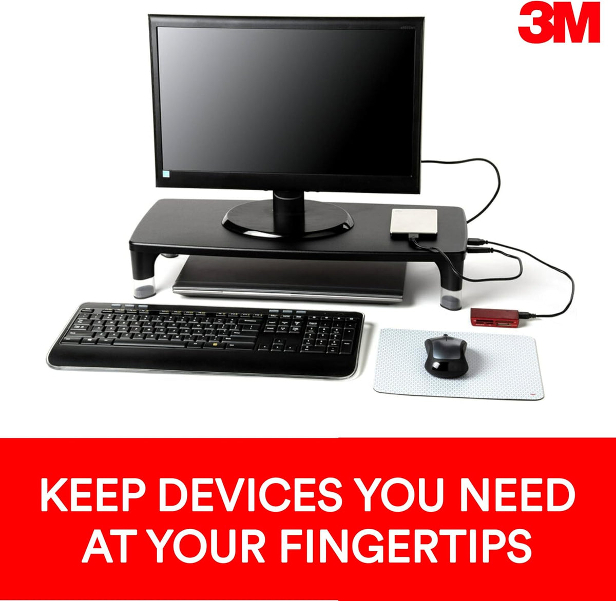 3M Monitor Computer Stand, 21.6 in x 9.4 in, 4 Port USB Hub