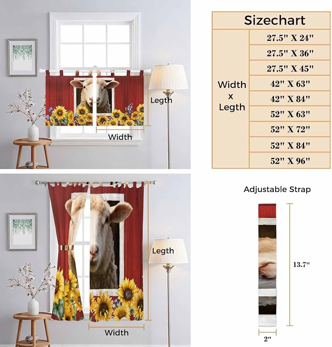 Sheep Sunflower Kitchen Curtains 24 Inch Length, Small Window Curtains Tab Top