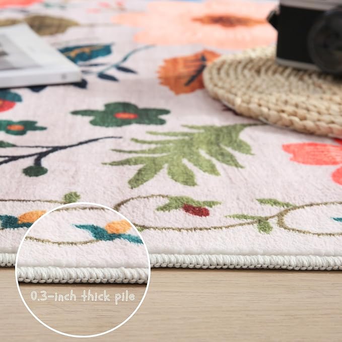 Rugcomf Bedroom Rug 3x5 Rug Washable Area Rug Non Slip Low Pile Boho Floral