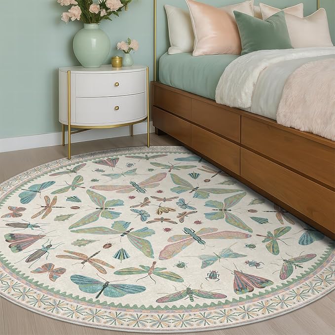 Hazo Haus Green and Blue Insect 6ft Round Soft Rugs