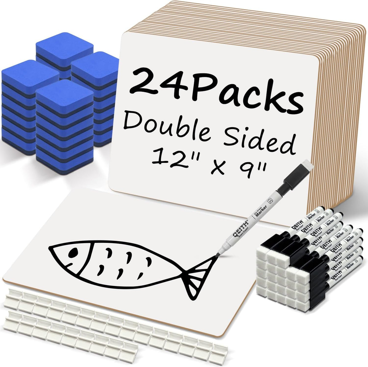 Small White Boards 24 Pack, 9"x12" Double Sided Mini Dry Erase Board