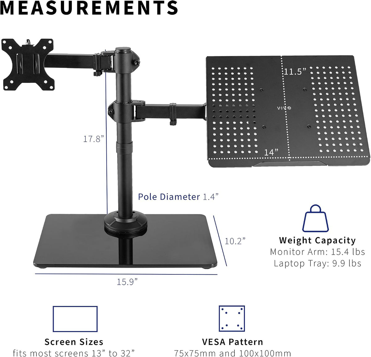 VIVO Free Standing Single Computer Monitor and Laptop Combo Desk Stand with Sleek Glass Base, Fits up to 32 inch Monitors and 17 inch Laptops, Black, STAND-V002FGL