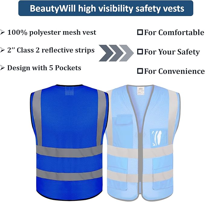 5 Pack Mesh Safety Vest Custom Logo Class 2 High Visibility Reflective Vest with Pockets Construction Security Work Vest Blue