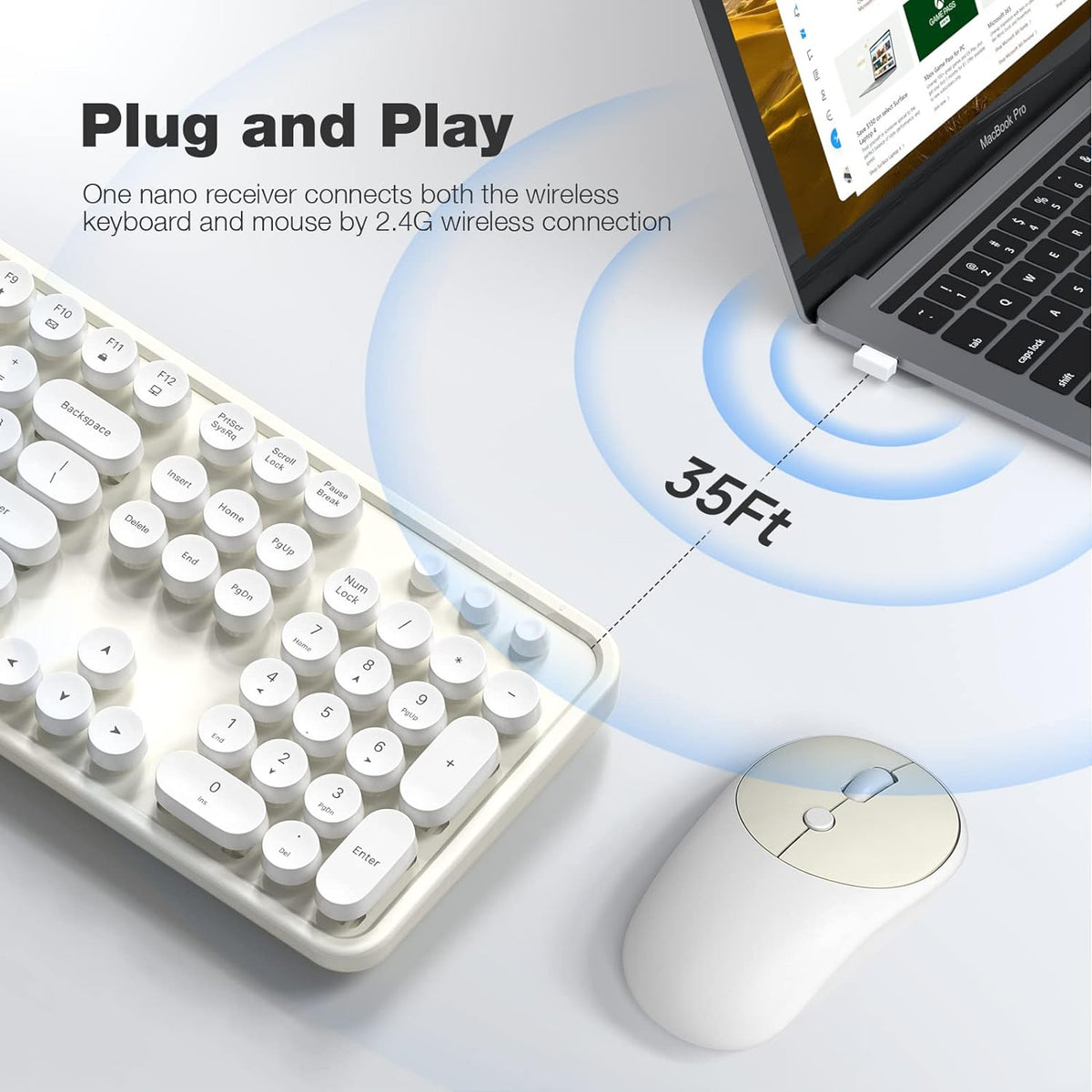 Atelus Wireless Keyboard and Mouse, Typewriter Full Size Keyboard with Number Pad and 2 in 1 USB Connected Mouse for Windows 7/8/10, Laptop, Desktop, PC, Computer (Off-White)