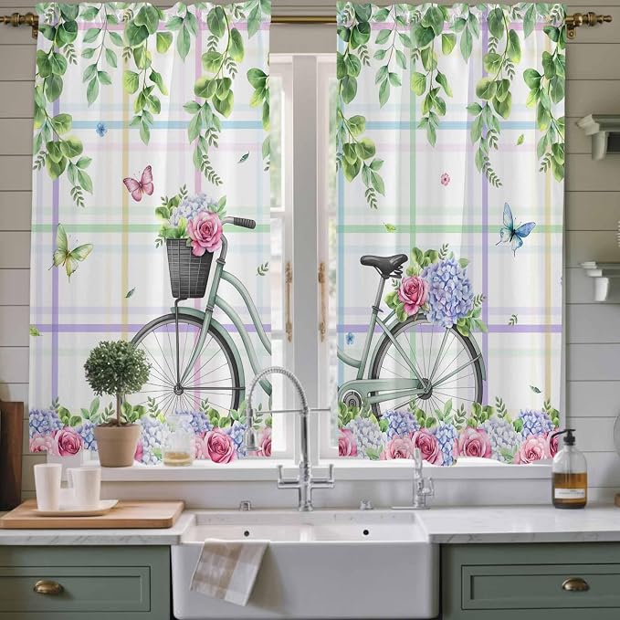 Spring Kitchen Curtains, Bicycles Botanical Leaves Rose Colorful Stripes Light
