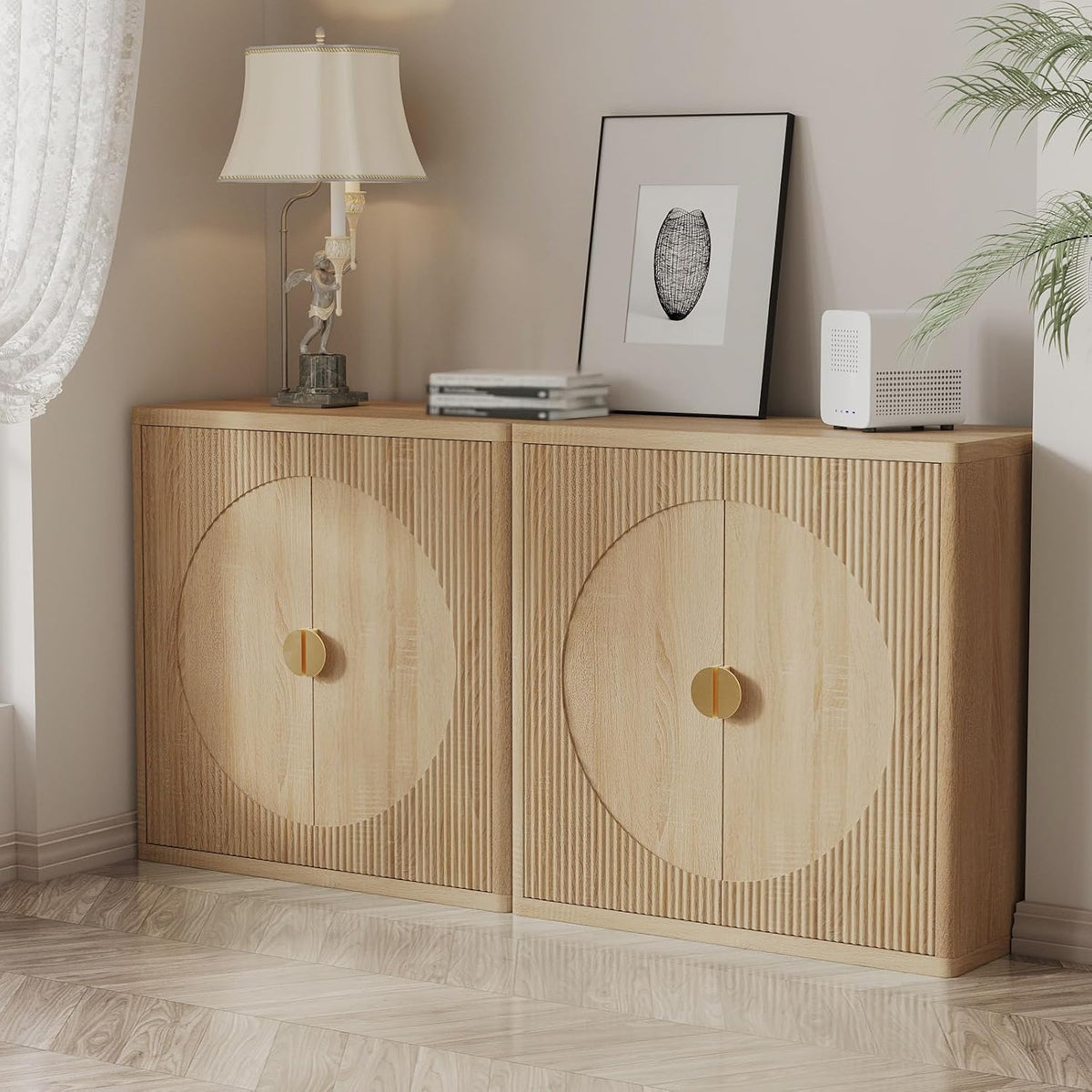 31.5" Fluted Sideboard Cabinet with Shelves & Soft-Close Doors(2,Light Oak)