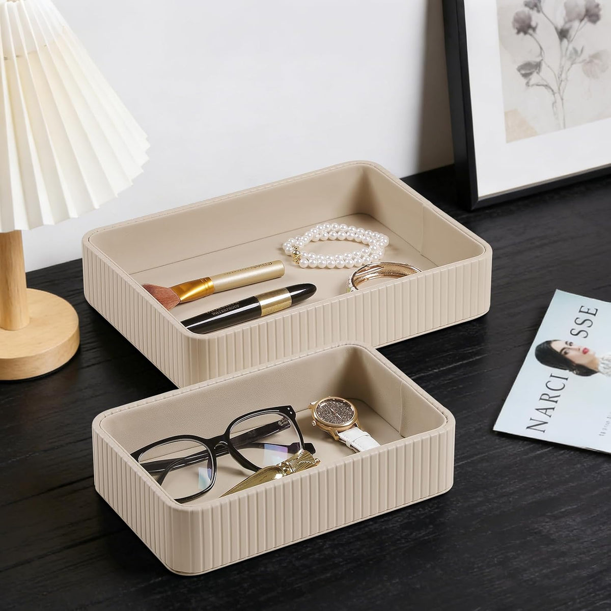 Desk Organizer Tray, PU Leather Nightstand Organizer, Beige 2-Pack
