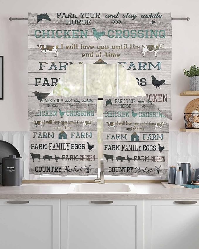 Farmhouse Swag Kitchen Curtains Valance and Tier Set, Rod Pocket Short Curtain