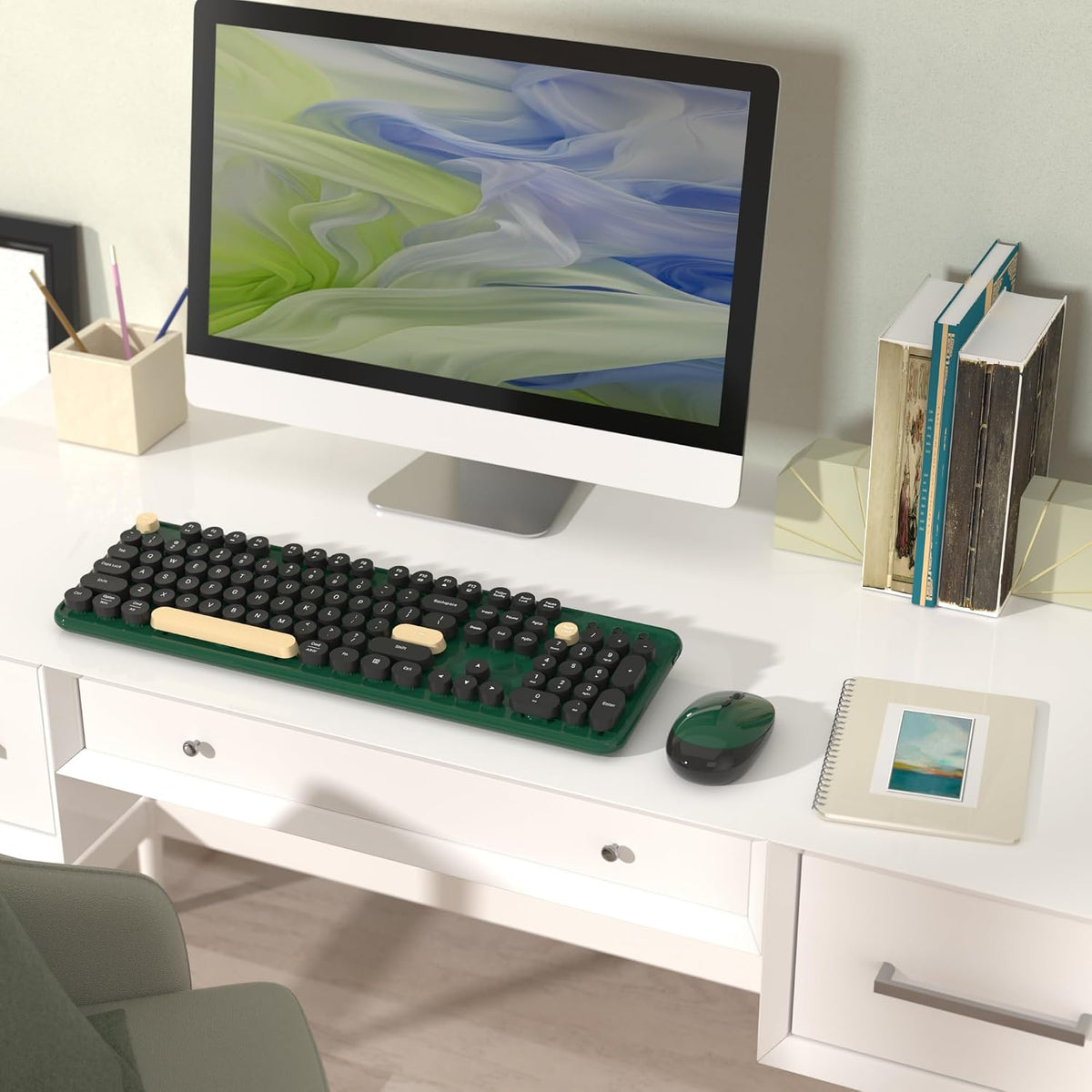 Retro Wireless Keyboard and Mouse Combo with Wrist Rest (Dark Green)
