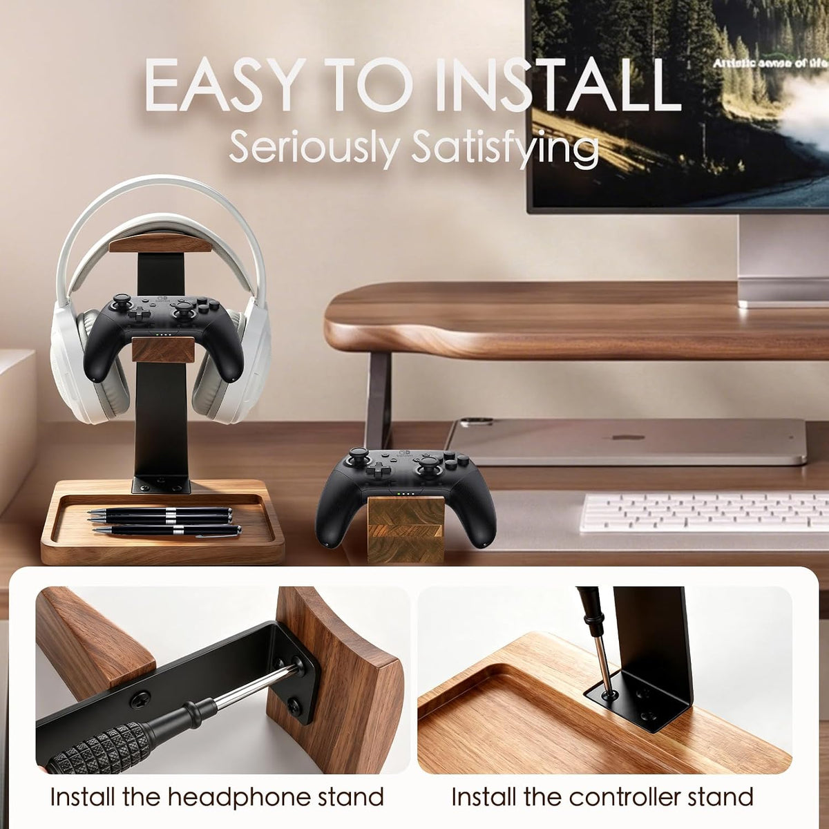 MINCORD Acacia Wood Headphone Stand with Controller Holder