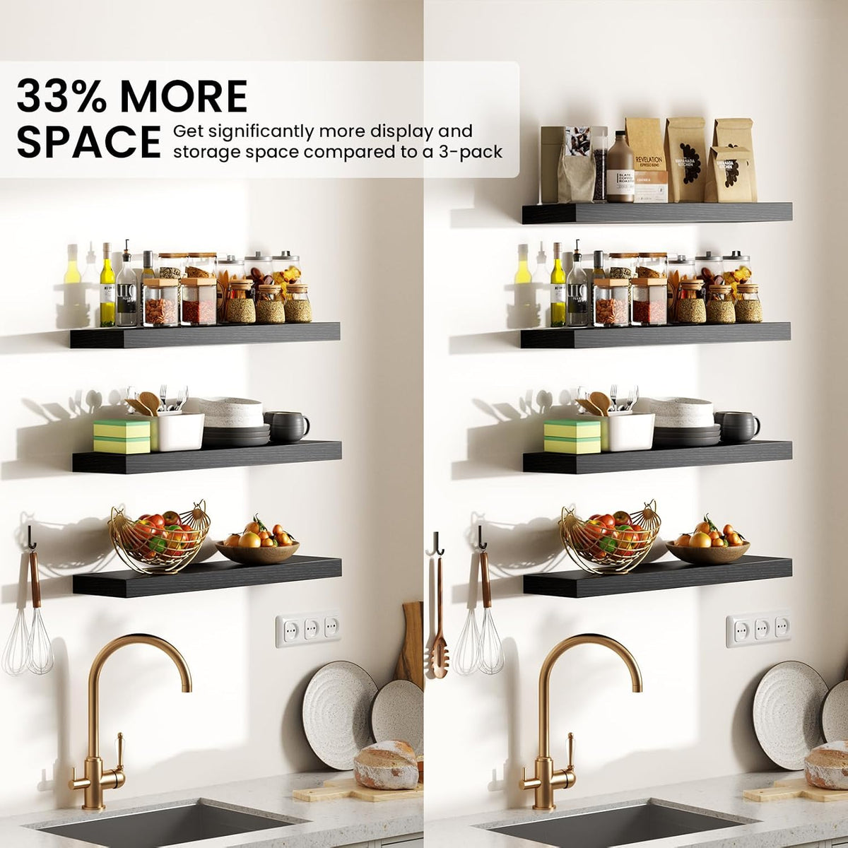 BAYKA Black Floating Shelves 15.7in, Set of 4, Wall Mount Rustic Wood Shelf