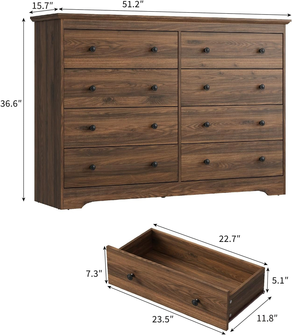 LYNSOM Modern 8 Drawer Dresser, 51.2" Wide Dressers & Chests of Drawers with Large Capacity Storage, Wood Mid Century Storage Dressers Organizer for Bedroom, Brown