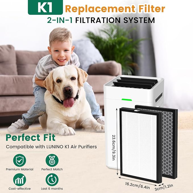 K1 Replacement Air Filter Fit for LUNINO K1 Air Puri-Fier, 3-in-1