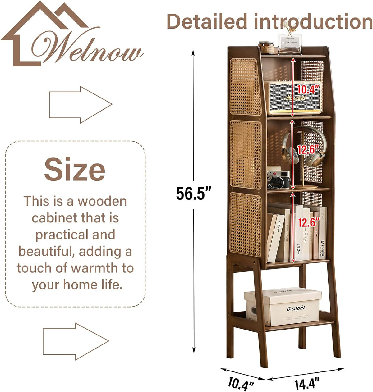 Welnow Bamboo Rattan Bookcase with Cabinet，4-Tier Wicker Bookshelf,Walnut