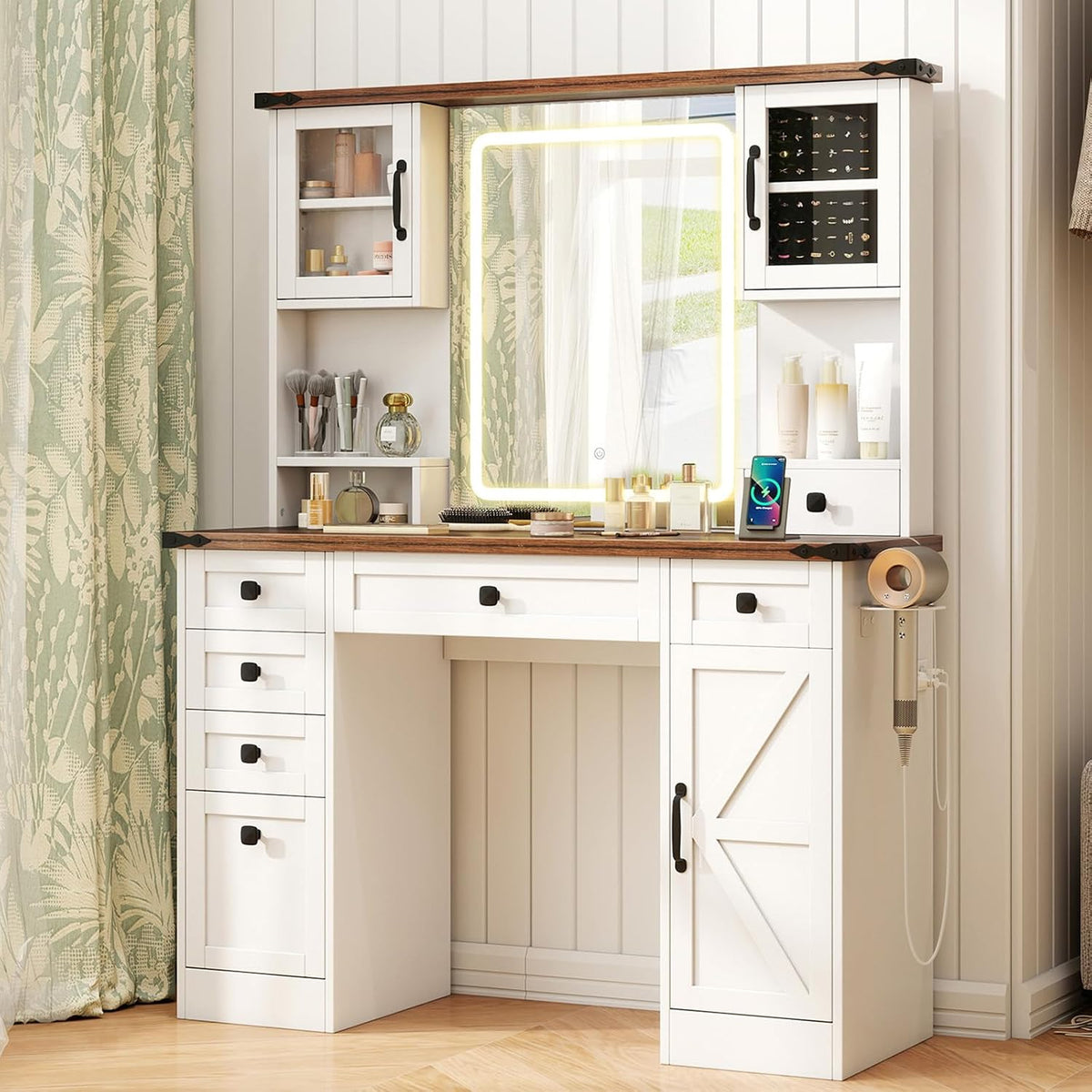 CHARMAID Farmhouse Vanity Desk with Lighted Mirror & 7 Drawers, 45 inch Makeup Vanity Table with Charging Station, Jewelry Organizer, Storage Cabinets & Shelves, White Dressing Table for Bedroom