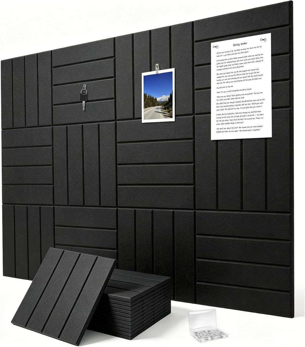 0.47" Thick Felt Wall Tiles 48"x36" Cork Board Alternative 12 Pack 11.81"x11.81"Felt Bulletin Board Pin Board with Removable Adhesive Tape&60 Pushpins for Home Office School(Bold-Black)