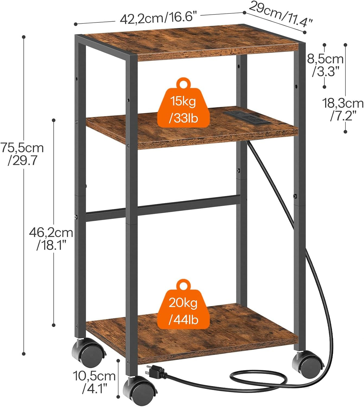 HOOBRO Computer Tower Stand, 3-Tier PC Tower Stand, PC Stand with Charging Station, Mobile CPU Stand Fits Most PC, Adjustable Shelf, for PC Tower, Printer, Home Office, Rustic Brown BF12UCJ01