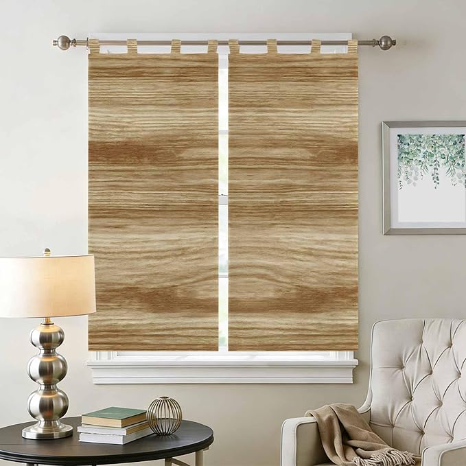 Light Brown Wood Grain Bathroom Curtains 63 Inch Length, Window Curtains Tab Top