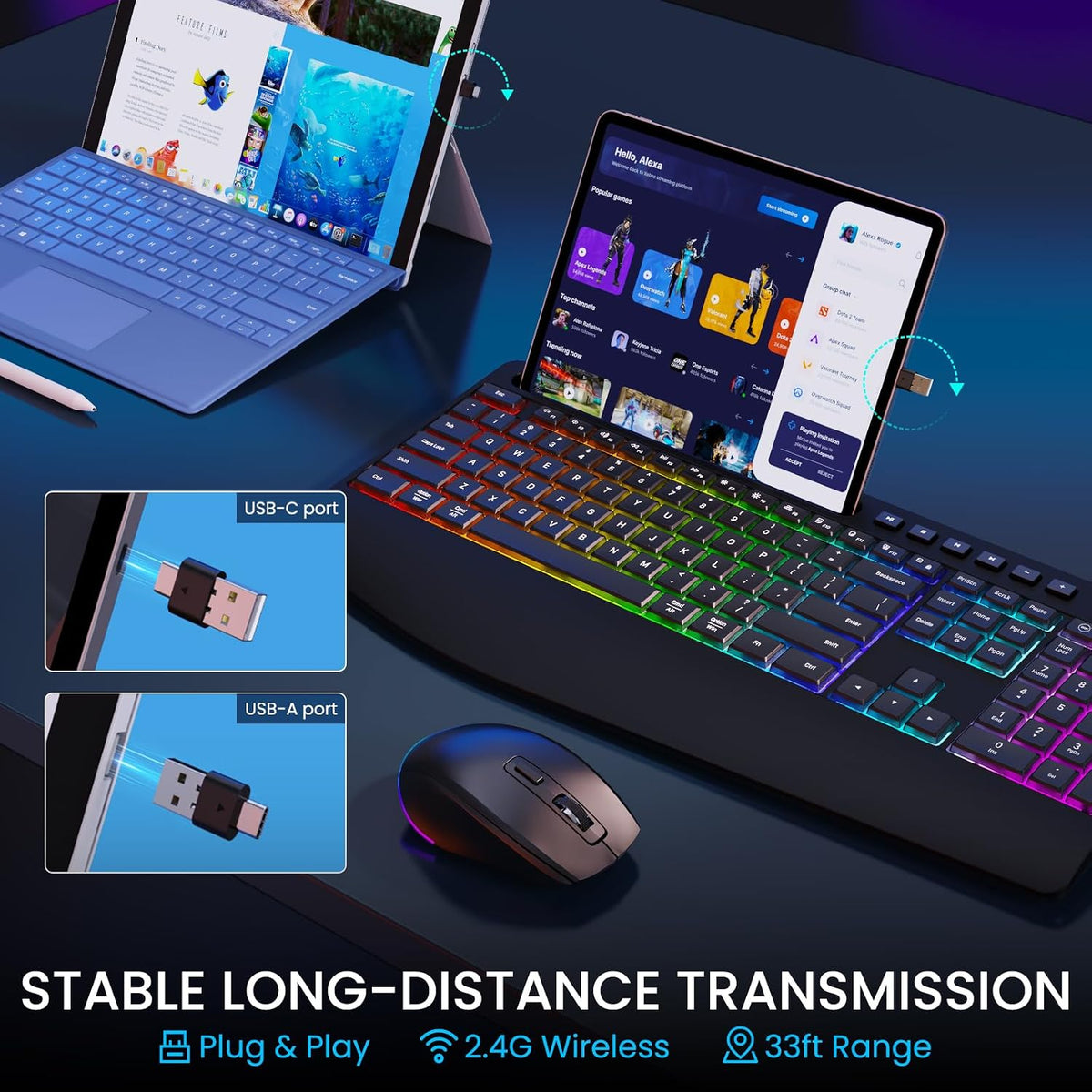 Wireless Keyboard and Mouse Combo - Dual System RGB Backlit Mouse and Keyboard,2.4G Rechargeable,Full-Sized Ergonomic Silent Design with Phone Holder for Windows Mac PC Laptop (Black-V3)