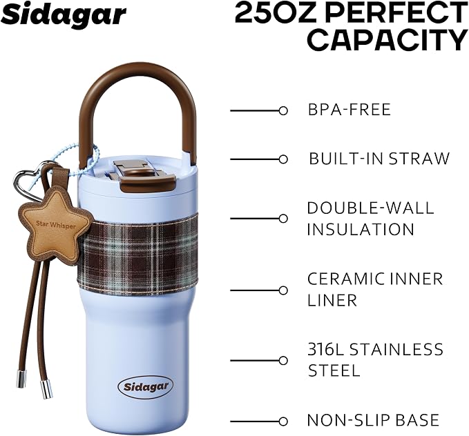 25oz Insulated Tumbler Ceramic Stainless Steel Water Bottle, Leak Proof