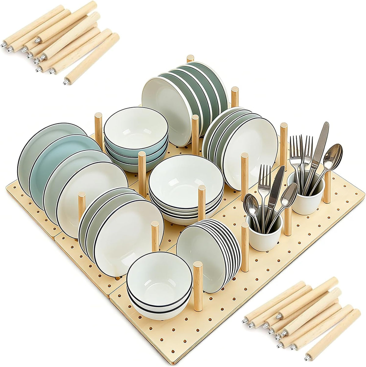 Wooden Pegboard Drawer Organizer for Kitchen - 3 Pack Adjustable Drawer Organizer with 24 Pegs Wooden, Drawer Organizer Kitchen Utensils, Wood Drawer Organizers for Kitchen Countertops & Deep Drawe