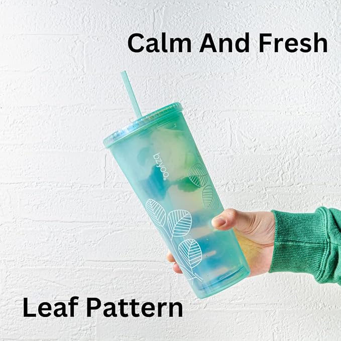 bzyoo 24oz Plastic Tumbler Cup, Lid & Straw, Iced Coffee, Pearl Green Leaf