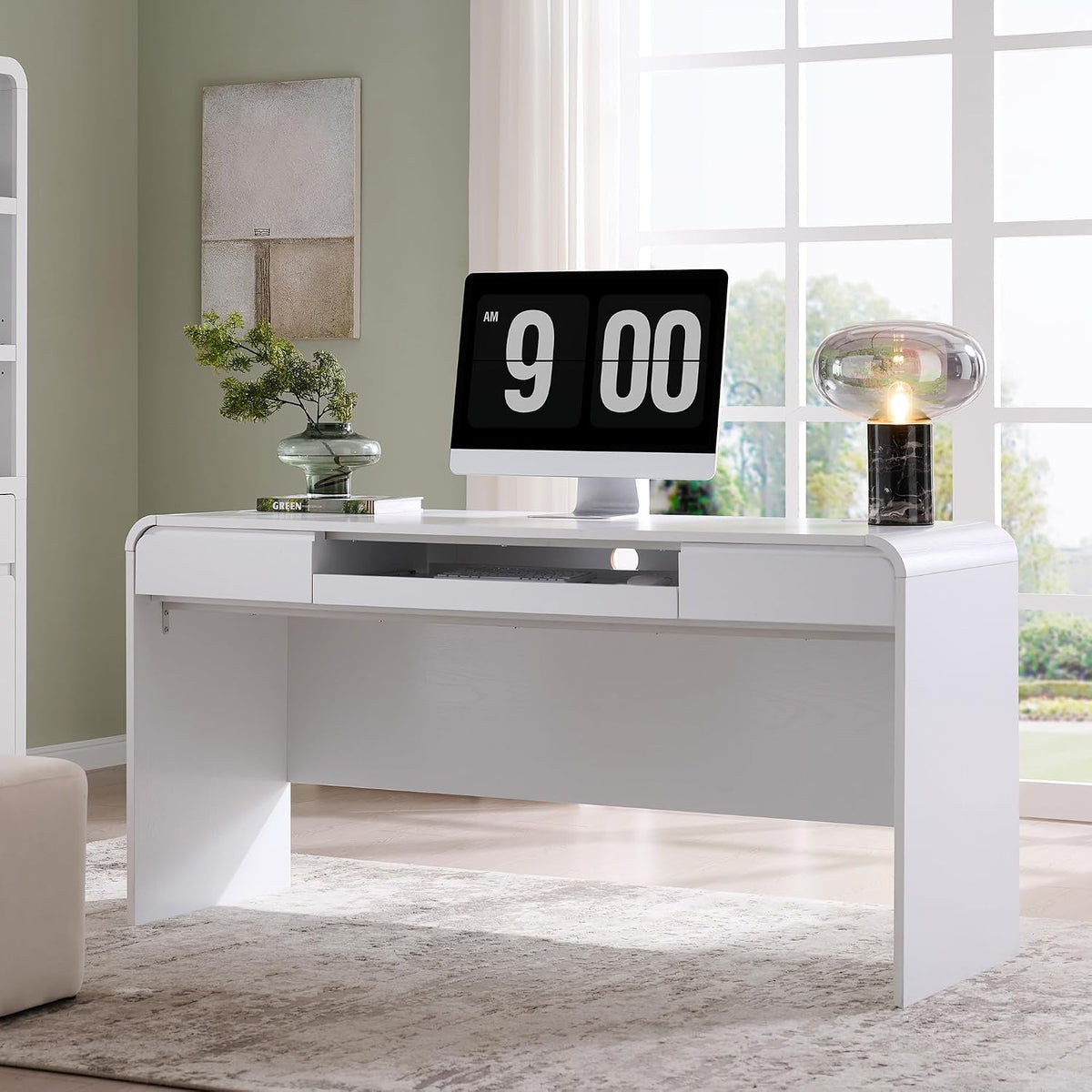 63" Modern Computer Desk with 2 Drawers, Wood Curved (White)
