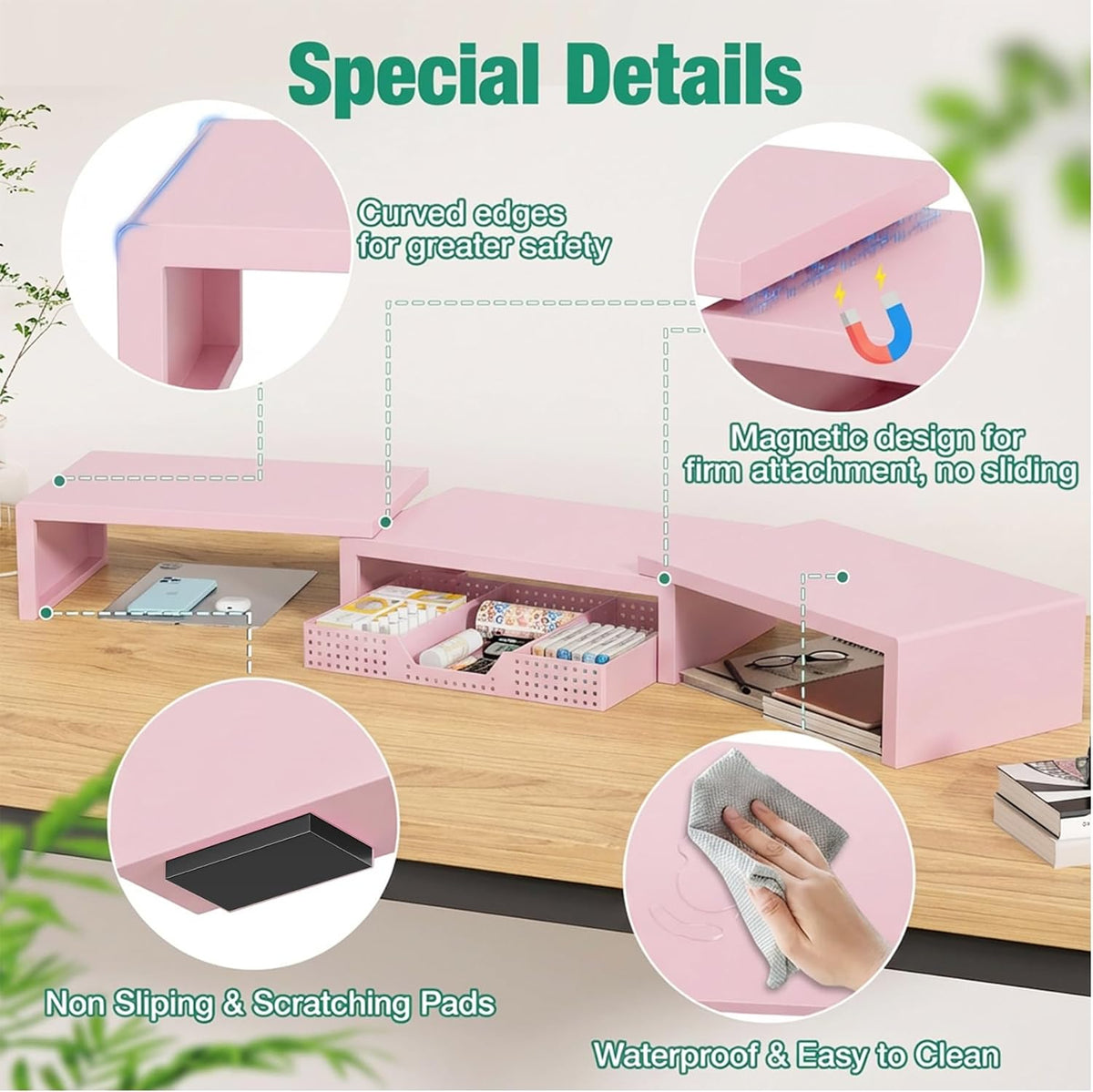 OPNICE Dual Computer Monitor Stand Riser, Desk Organizer with Drawer, Office Desk Accessories & Workspace Organizers for Home Office Supplies, Pink