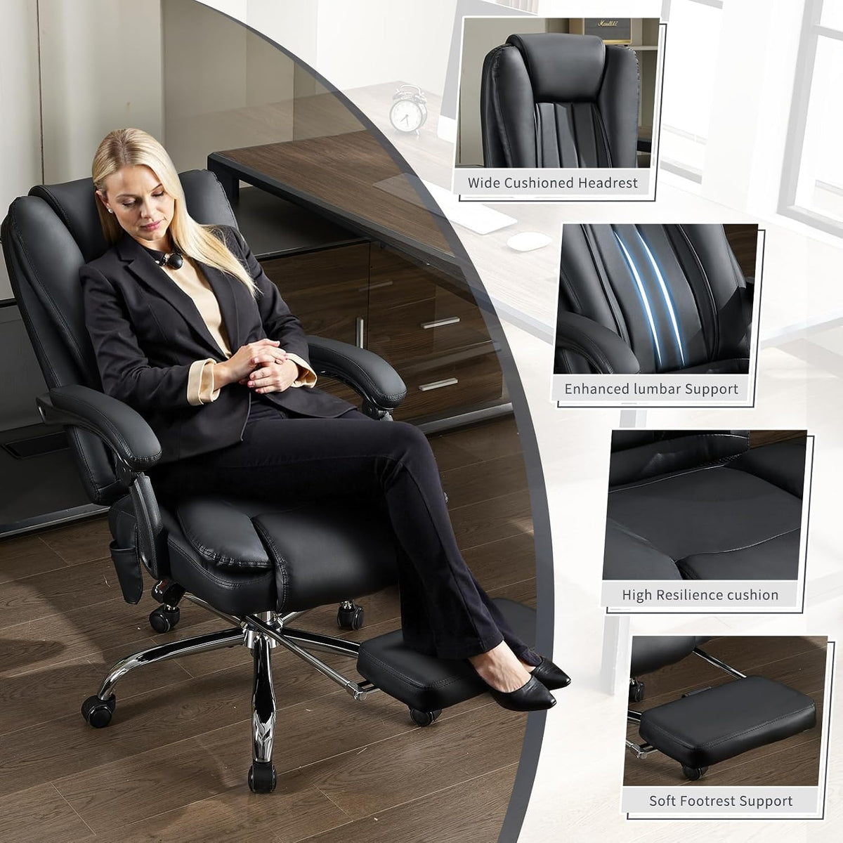 Big and Tall Massage Office Chair 500lbs, Heated Reclining Desk Chair