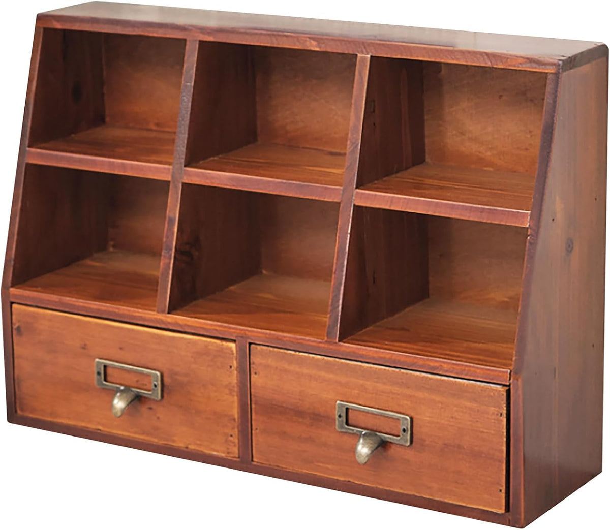 Desktop Mini Pigeon Hole Drawer Organizer - Vintage Farmhouse Wooden Shelves with 6 Compartments & 2 Drawers - Mahogany Wood Drawer Box Display Stand - Office Study Table Organizing Cabinet