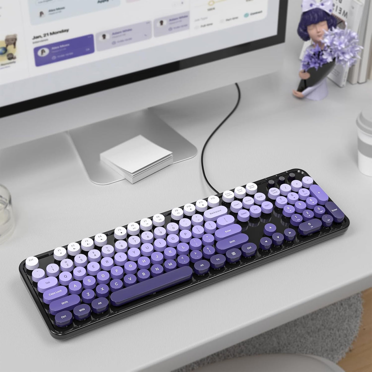 Atelus Computer Keyboard Wired, Retro USB Keyboard with Large Number Pad, Caps Indicators, Foldable Stands, Full Size Typewriter Keyboard for Windows PC Laptop (Black Purple)
