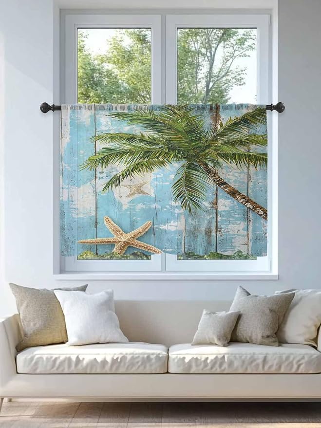 Sheer Curtains 54 Inch Length, Coastal Beach Blue Semi Sheer Curtains Light