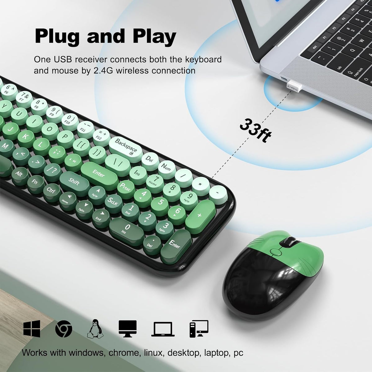 Wireless Keyboard and Mouse Combo, MOWUX Compact Typewriter Retro Round Computer Keyboard, Cute Optical Mouse Wireless, Plug and Play, for Laptop, PC, Computer- Black Green Gradient