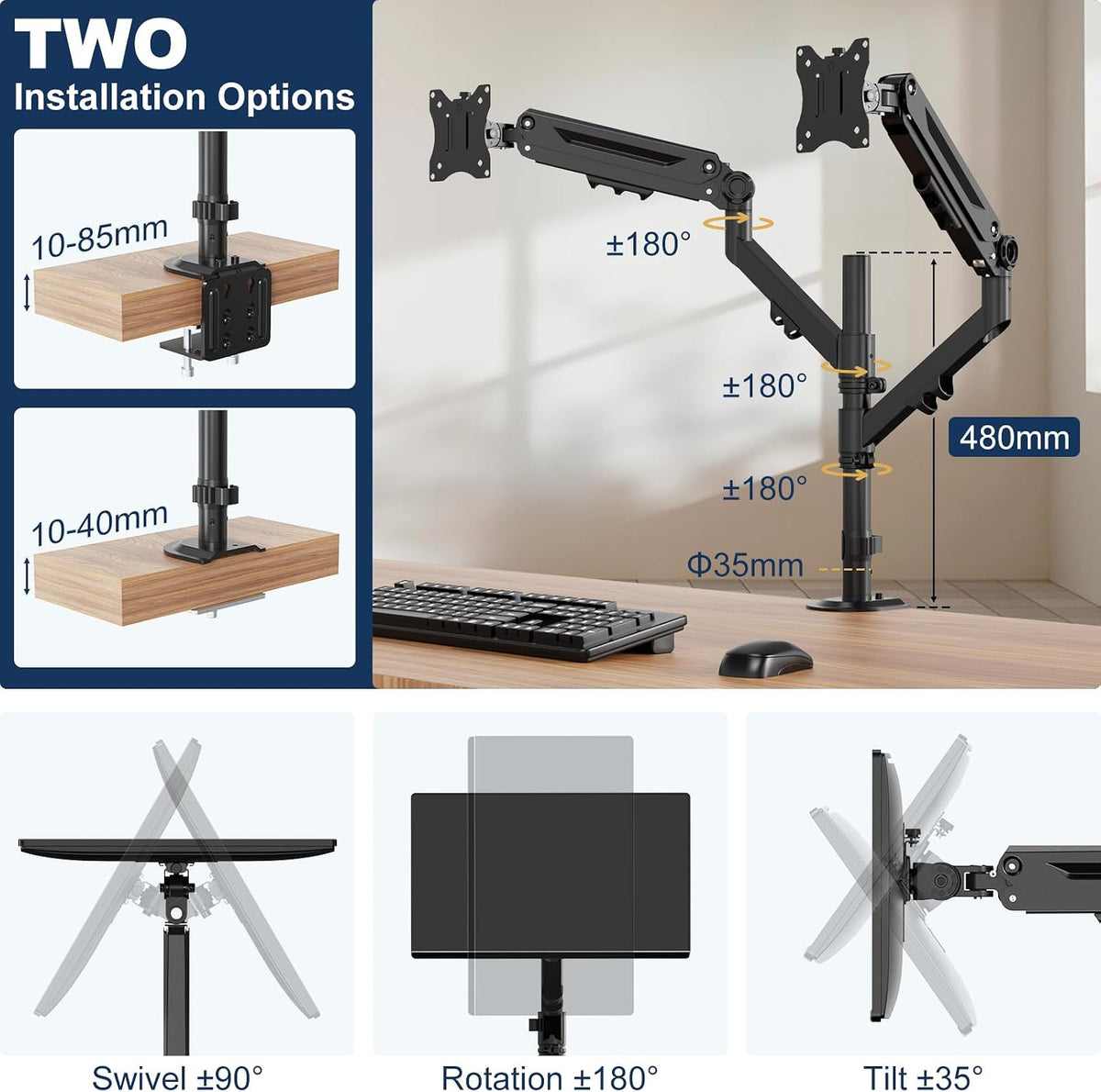 Dual Monitor Mount for 17-40'', Holds up to 26.4 lbs/arm