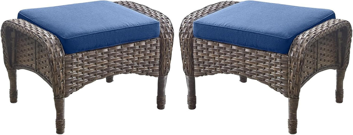 Outdoor Ottomans Patio Footrest Set of 2 - High Back Comfortable Brown Wicker Rattan Steel Frame Footstool Additional Bench Side Table for Porch Balcony Deck Garden Poolside - Navy Blue